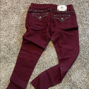 Miss Me Burgundy Skinny Jeans with Embellished Pockets
